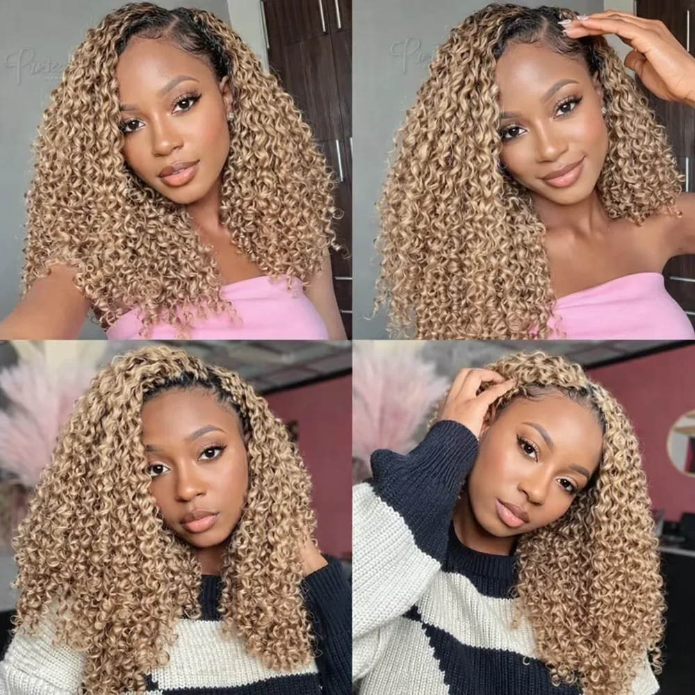 Honey Blonde Burmese Curly Crochet Human Hair Color #27 Deep Wave Pre-Separated Feather Crochet Hair Extensions Braids For Women 6