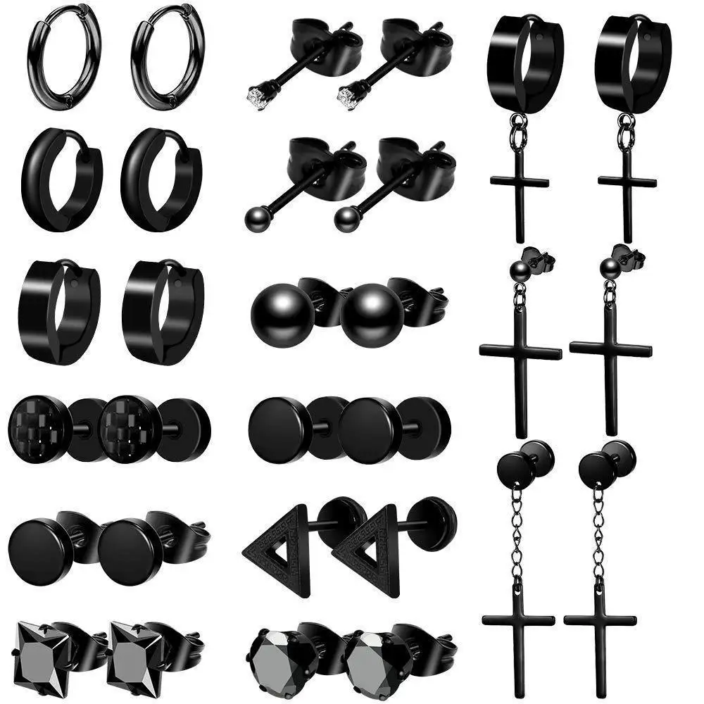 

6/8/10/12/15 Pairs Stainless Steel Black Stud Earrings Men's Punk Earring Set Street Hip Hop Earrings Unisex Gift