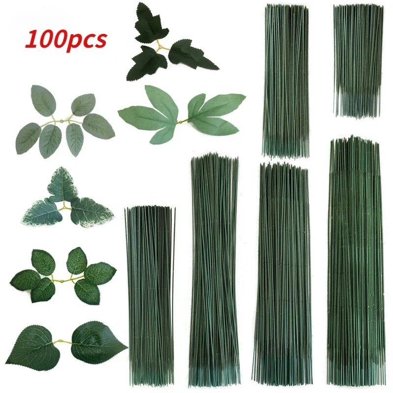 

100PCS Artificial Flowers Pole Iron Wire Silk Roses Leaf For Wedding Home Decor DIY Wreath Gifts Scrapbooking Craft Fake Plants