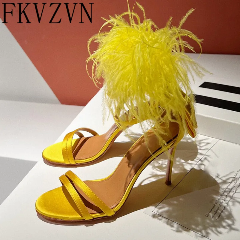 Sexy Peep Toe Feather Sandals High Heels Party Shoes Ankle Strap Gladiator Stiletto Summer White Shoes For Women Zapatos Mujer