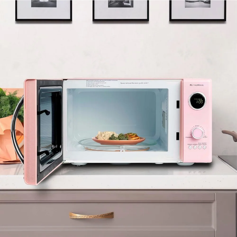 Microwave Oven, 800 Watt 0.9 Cu Ft 12 Pre-Programmed Cooking Settings Digital Clock Pink & Retro Wide 2-Slice Toaster, Vintage