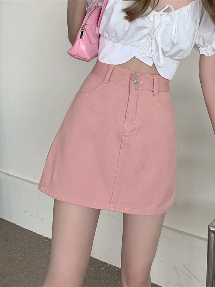 JMPRS Cute Pink Women Denim Skirt Korean High Waist A Line Fashion Designed Summer Jeans Mini Skirts Casual Slim Ladies Skirt white pleated skirt