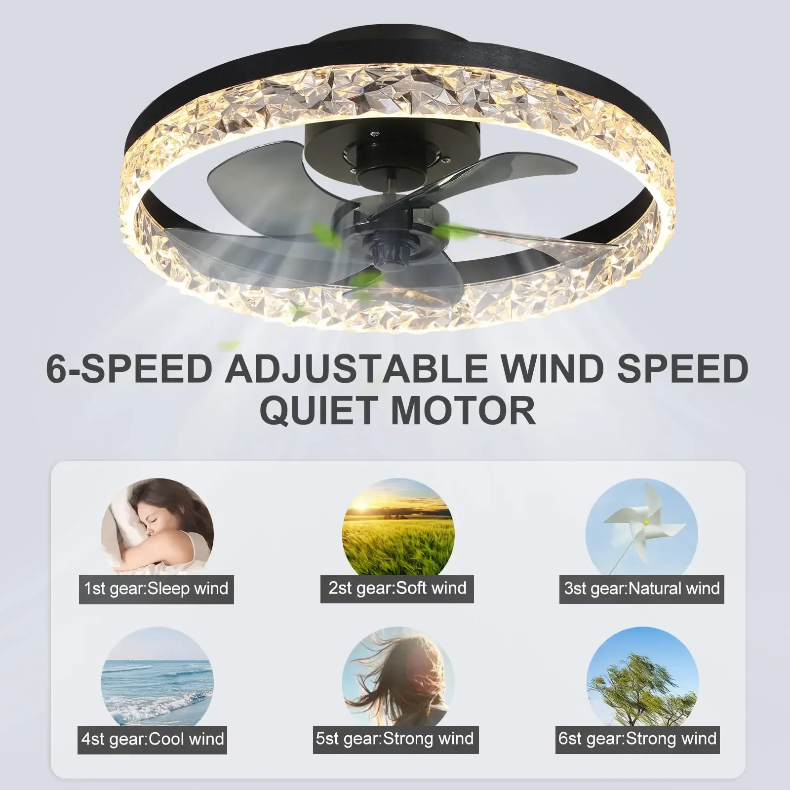 Modern Crystal Led Ceiling Fan Low Noise Lamps for Living Dining Table Room Bedroom Home Decoration Remote Control Light Fixture