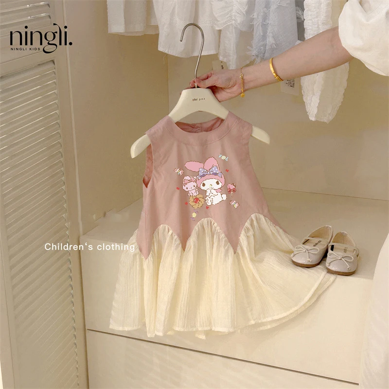 Sanrio My Melody Children's Dresses Kawaii Cute Baby Girl Summer Sleeveless Undershirt Princess Dress Birthday Party Dress Skirt