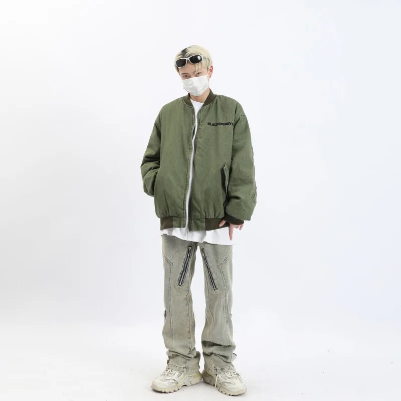 American Retro Washed Distressed Back Zipper Letters Embroidered Baseball Uniform Men and Women Loose Jacket Coat techwear