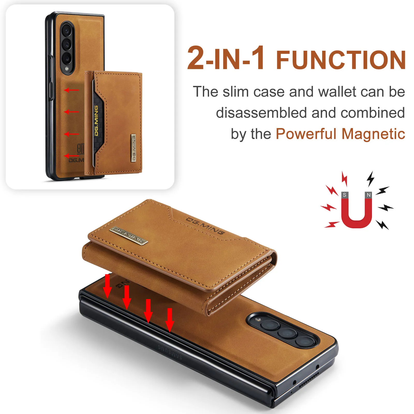 For Samsung Galaxy Z Fold5 Phone Case Fashion Genuine Leather 2 in 1 Back Cover Magnetic Hard Multi Card Slot