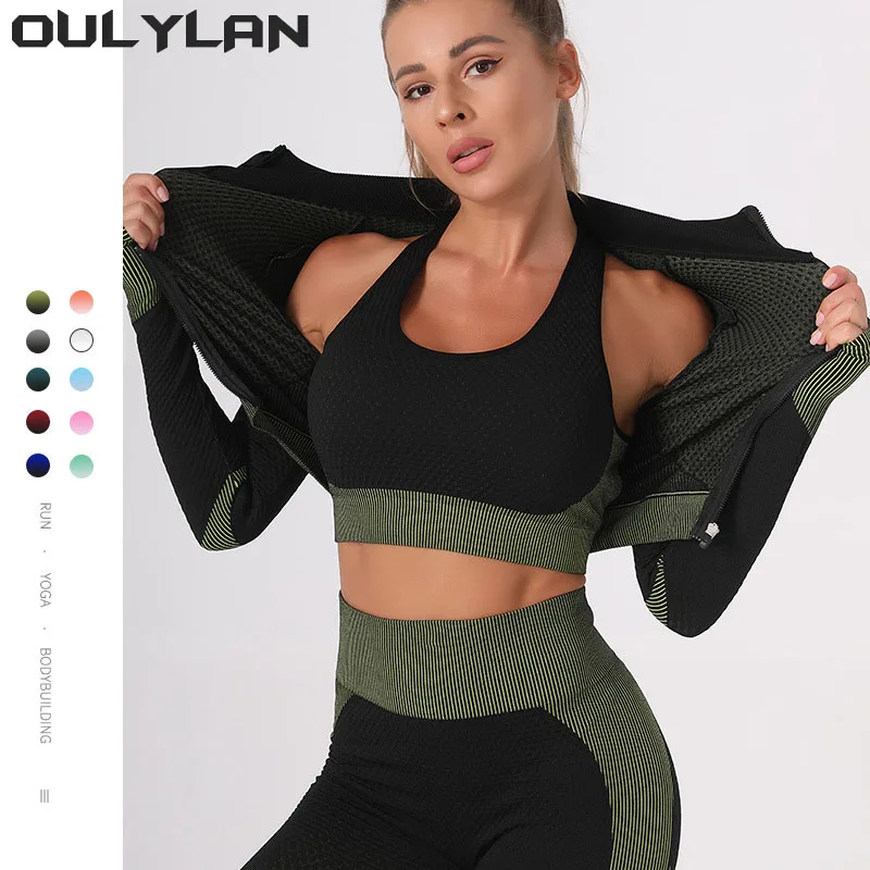 

Oulylan Sports Bra Fitness Yoga Set Women 3pcs Seamless Workout Outfits Sets Yoga Sportswear Tracksuit Leggings and Stretch