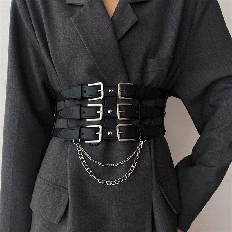

Punk Chain Cummerbund Decorative Corset Women Underbust Luxury Designer Vintage Tunic Leather Ladies Dress Waist Belts PJ541