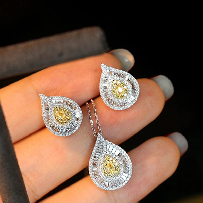 LUOWEND 18K Solid White Gold Necklace Real Yellow Diamond Pendant Necklace Fashion Earrings Wedding Jewelry for Women Engagement