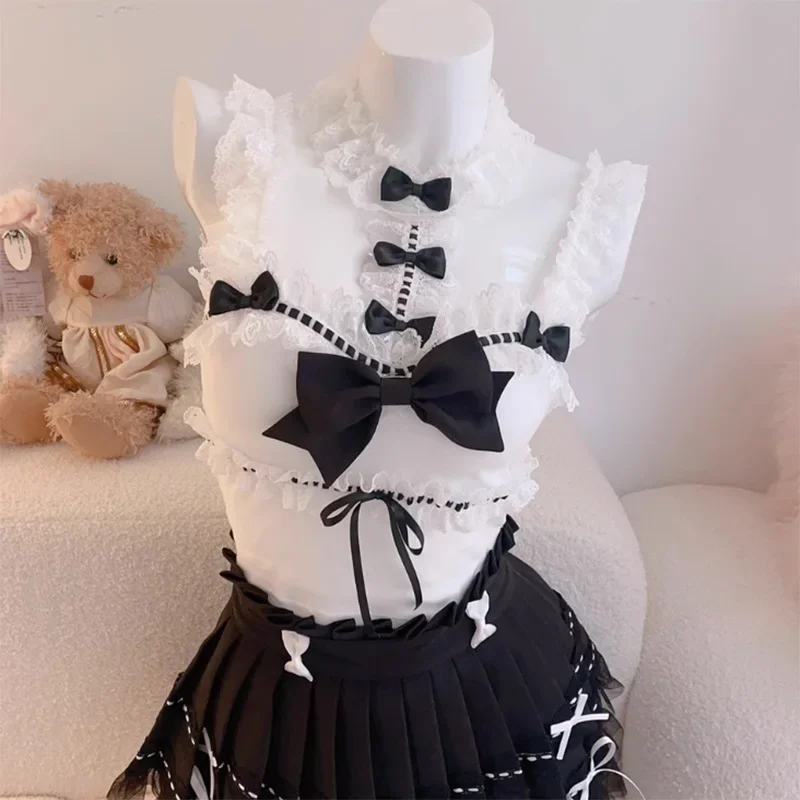 Lolita Style Sets Women Cute Lace Trim Cropped Bow Decoration Mini Pleated Skirts 2 Piece Sets for Sweet Girl Kawaii Clothes