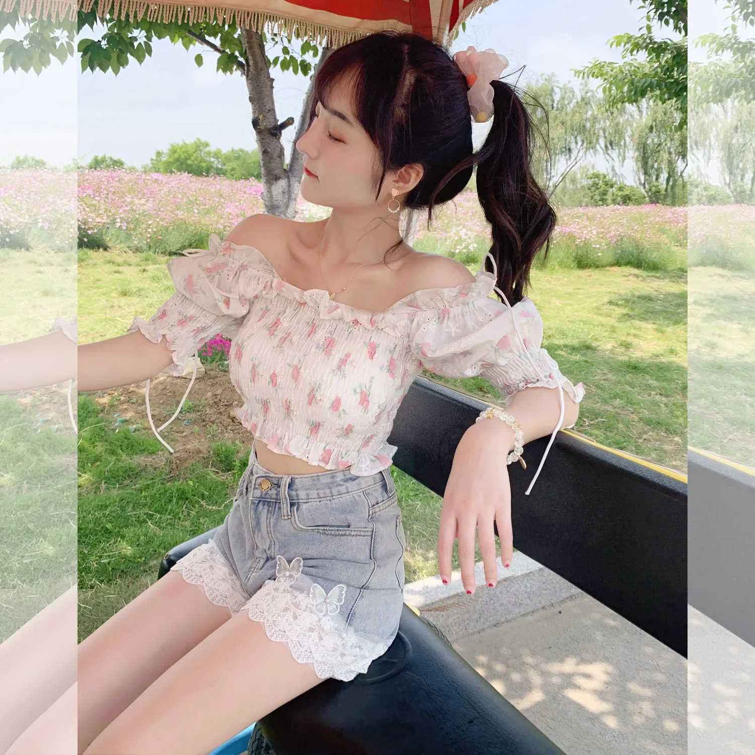2023 Summer New Korean Style Sweet Short Pants Versatile Fashionable Slim Bow Lace Straight Denim Shorts for Students Women