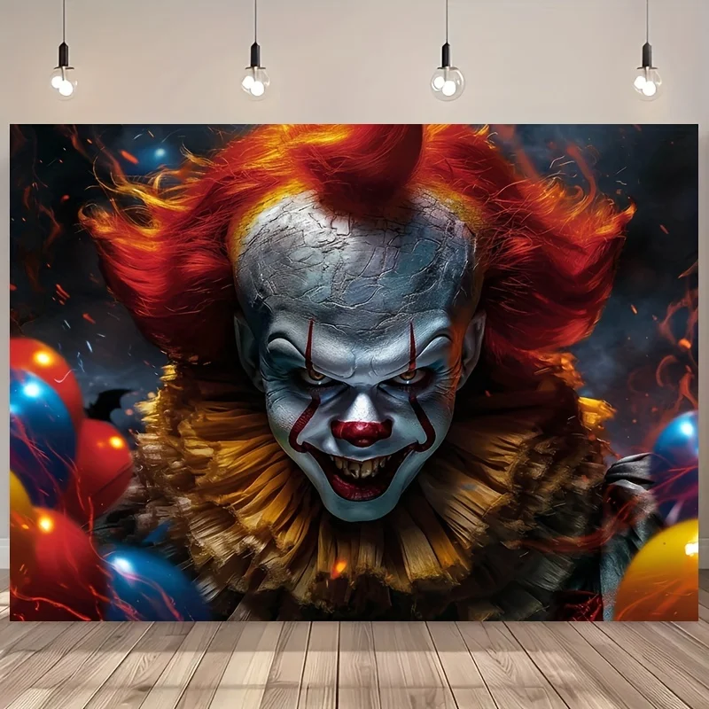 Ein flaches 2D-Halloween-Polyester-Hintergrundtuch mit erschreckendem und bösen Clown-Muster, geeignet für Halloween – Detail 10