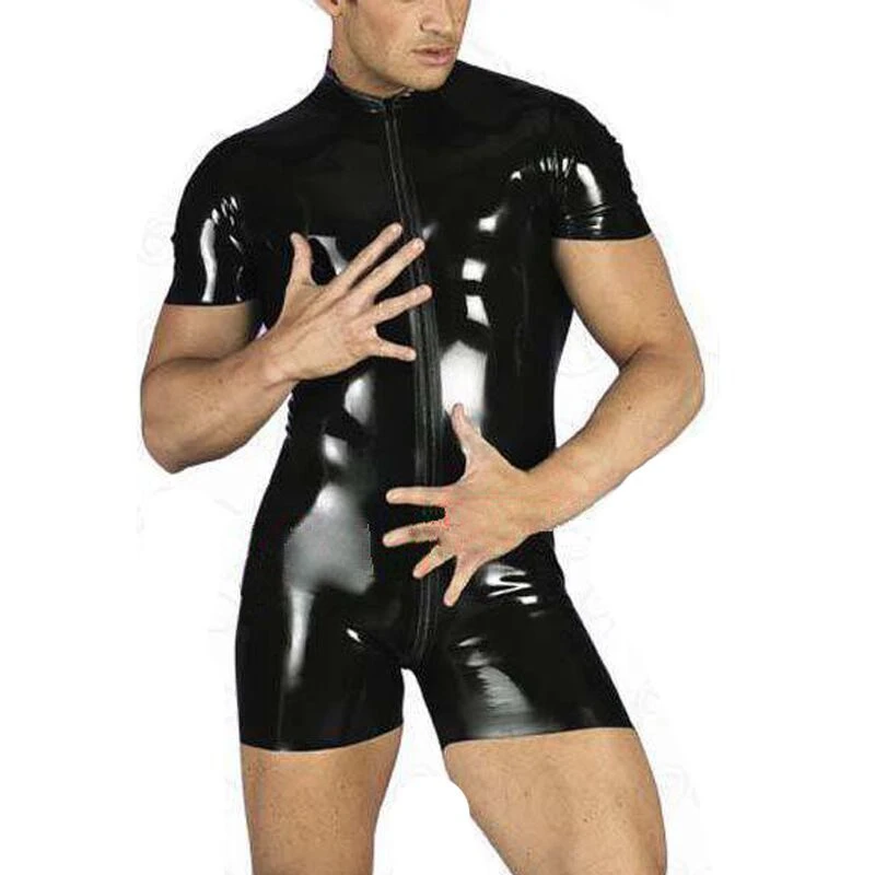 Wetlook Fetish Men Latex Wear PVC Leather Short Bodysuit Catsuit Open Crotch Pole Dance Jumpsuit BDSM Gay Sexy Sissy Lingerie