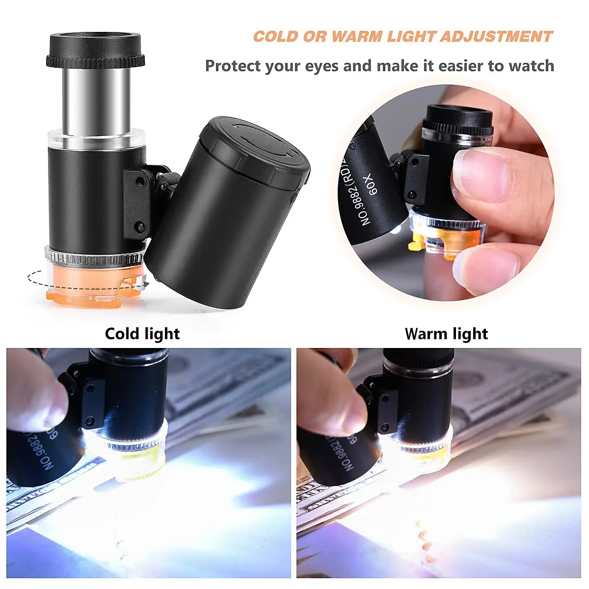 Mini Magnifier Pocket Microscope Jewelry Magnifying Glass Jewelers Eye Loupe 60X with LED UV Light For Diamond Coins Currency