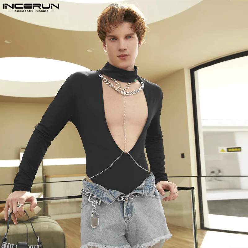 

INCERUN 2024 Sexy Homewear Mens Half High Neck Spliced Chain Deep V Jumpsuits Fashion Solid Long Sleeve Triangle Bodysuits S-5XL