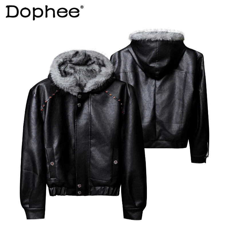 Men's 2025 Autumn Winter New Fleece-Lined Thickened Faux Leather Jacket Hoodies Faux Fur Collar Tops Handsome Loose Parkas Coats