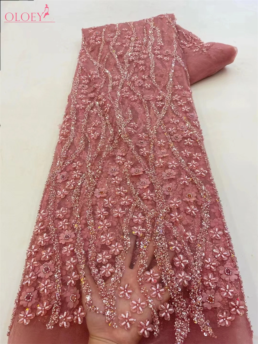 

Fashion Elegant French Embroidery Beaded Lace Fabric African Nigerian With Sequins Fabric For Wedding Dress