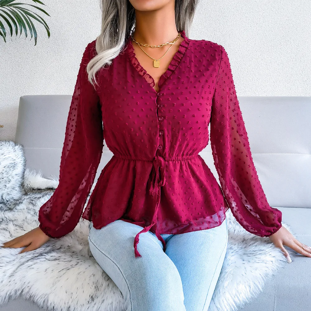 2024 Spring summer lantern long sleeve ruffled lace waist polka dot chiffon shirt for women