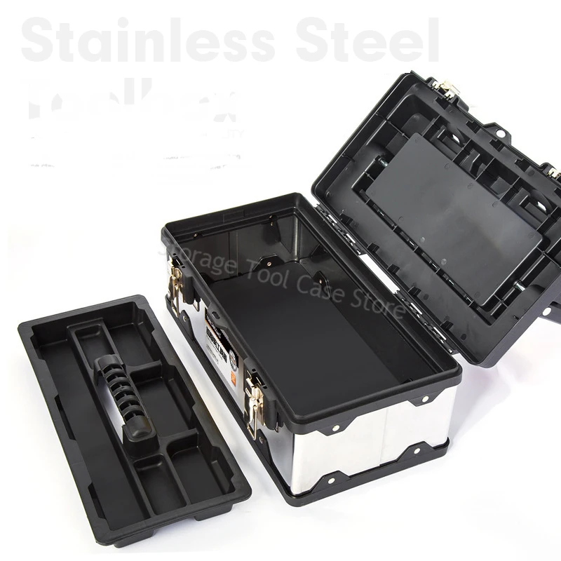 Stainless Steel 2-Layer Tool Storage Box Empty Large Tool Case Hardware Suitcase Organizer