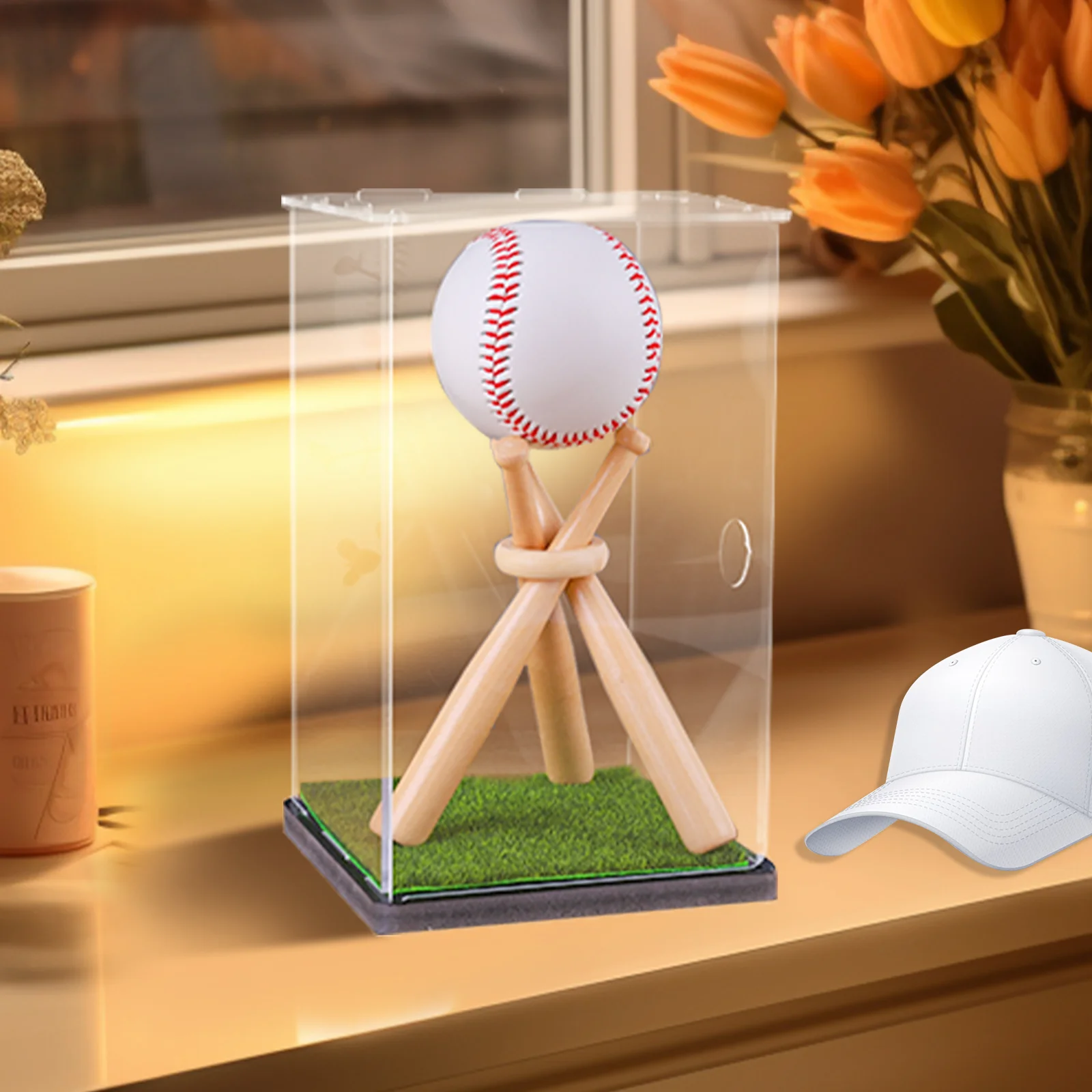 Baseball Display Case with Wood Stand Game Ball Holder Clear Acrylic Collectibles Box Gift for Autograph
