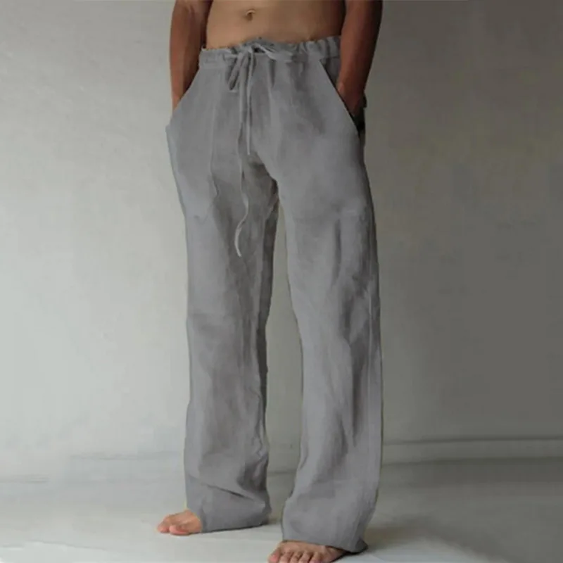 Men'S Summer Casual Pants Daily Wear Solid Full Length Soft Linen Pants Mid Waist Pocket Drawstring Trousers Streetwear_viptrois.com
