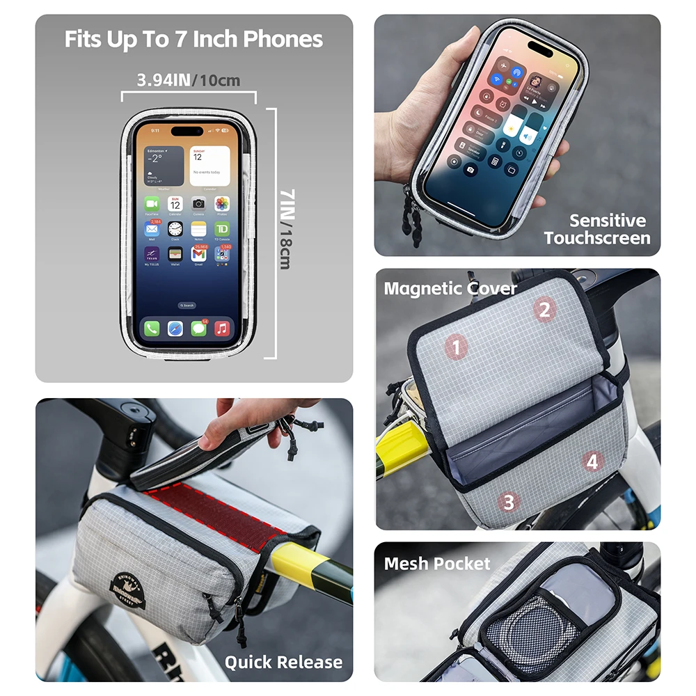 Rhinowalk Bike Frame Tube Bag With Touchable Phone Holder Pack Waterproof Bicycle Crossbar Saddlebag Single-Sided Magnetic Flap 3