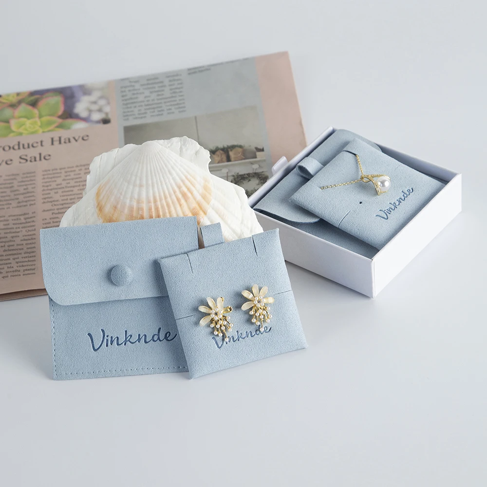 Custom Logo Printed Gift Necklace Jewellery Packaging Bag Envelope Snap Button Microfiber Jewelry Pouch with Pads Card Insert
