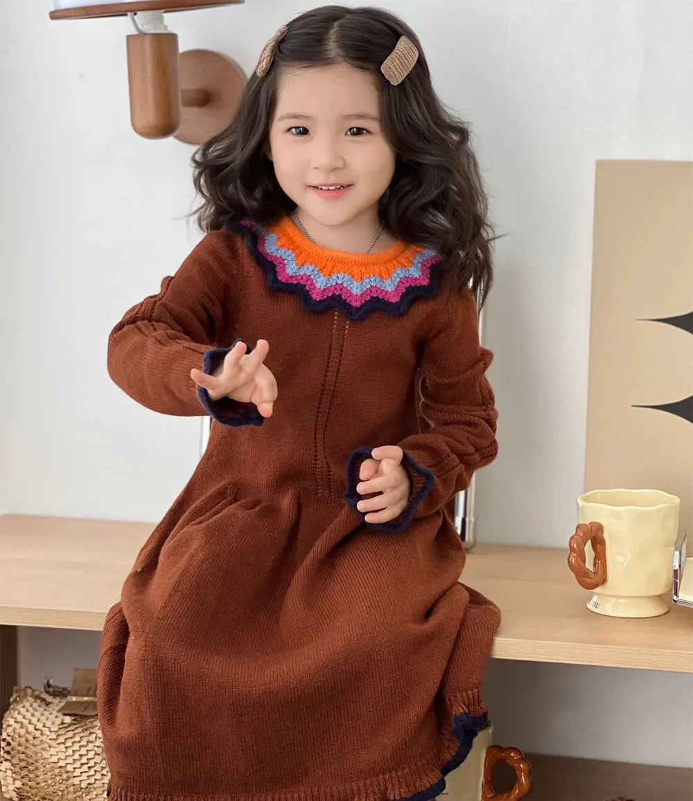 

knitted sweater kids sweaters baby girls dress soft Sun shaped lace collar Knitted sweater dress