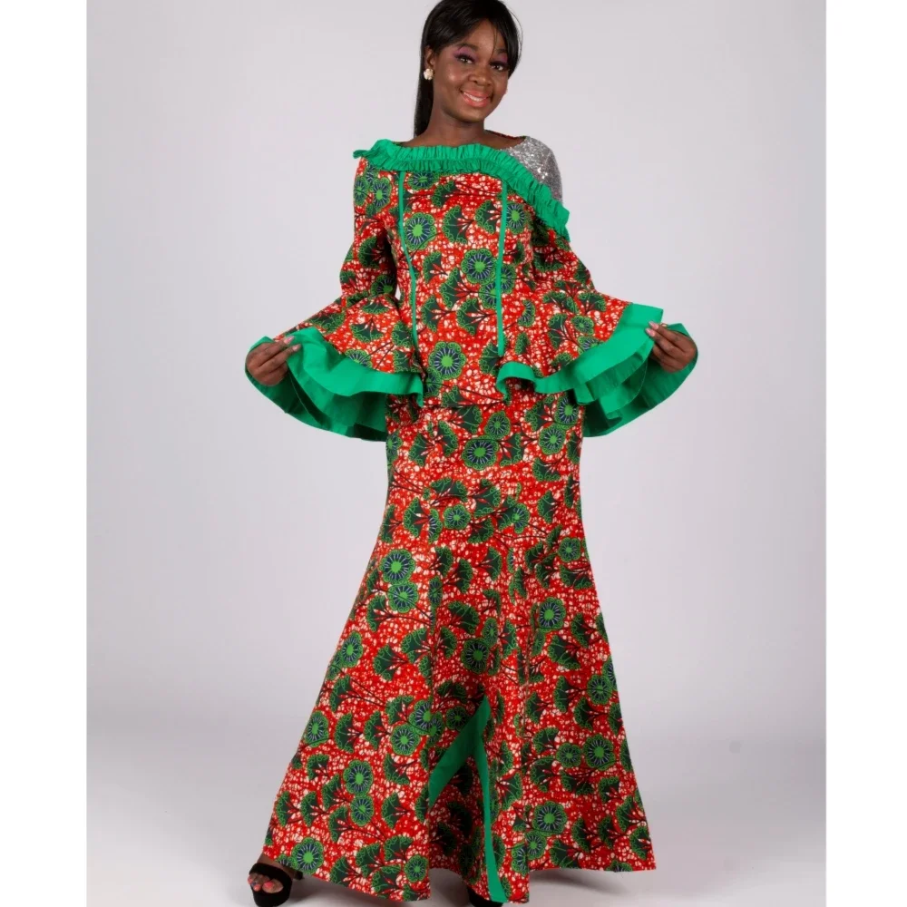 

Stock Size Low Price African Print Women Long Sleeve Tops and Skirts Sets Dashiki Women 2 Pieces Set Maxi Party Clothes