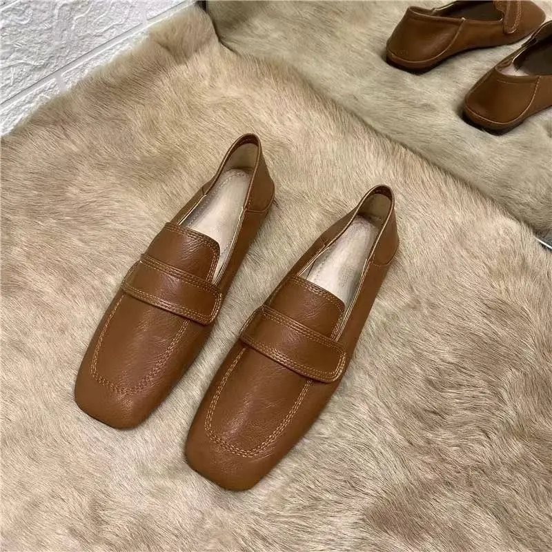 여성용 부드러운 가죽 플랫 바닥 캐주얼 신발 빈티지 젠틀 플랫 신발 간편하게 신을 수 있는 로퍼 부드러운 밑창 편안한 신발