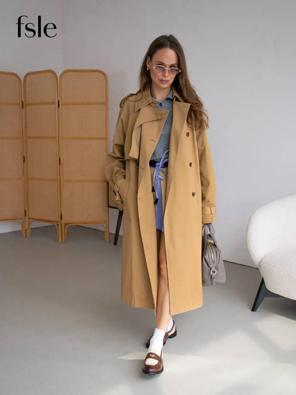 FSLE 2025 New Women Trench Khaki Spring Autumn Long Jacket