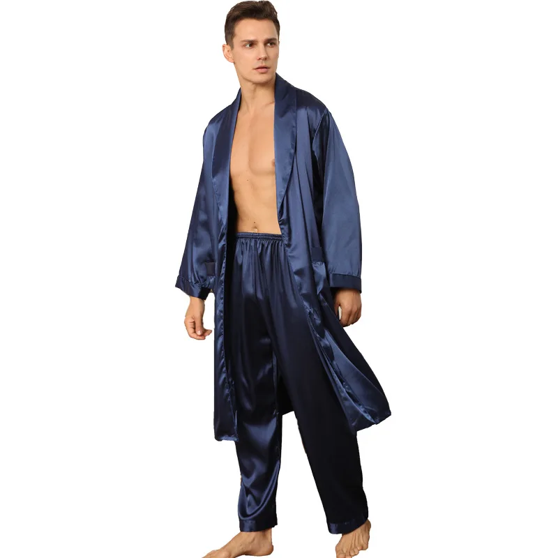 Two-Piece Bathrobe Pants OR 2 PCS Shorts Pajama Set Long Sleeve Nightgown Men Kimono Silky Robe for Men Sleepwear Bath Robe