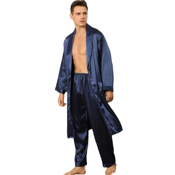 Due pezzi accappatoio pantaloni o 2 pezzi pantaloncini pigiama Set manica lunga camicia da notte uomo Kimono abito setoso per uomo pigiameria accappatoio 1