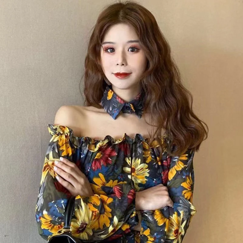 

New Design Women Blouses Sexy Slash Neck Off the Shoulder Fashion Chiffon Shirts Boho Floral Retro Tops Sunflowers Blusas Mujer