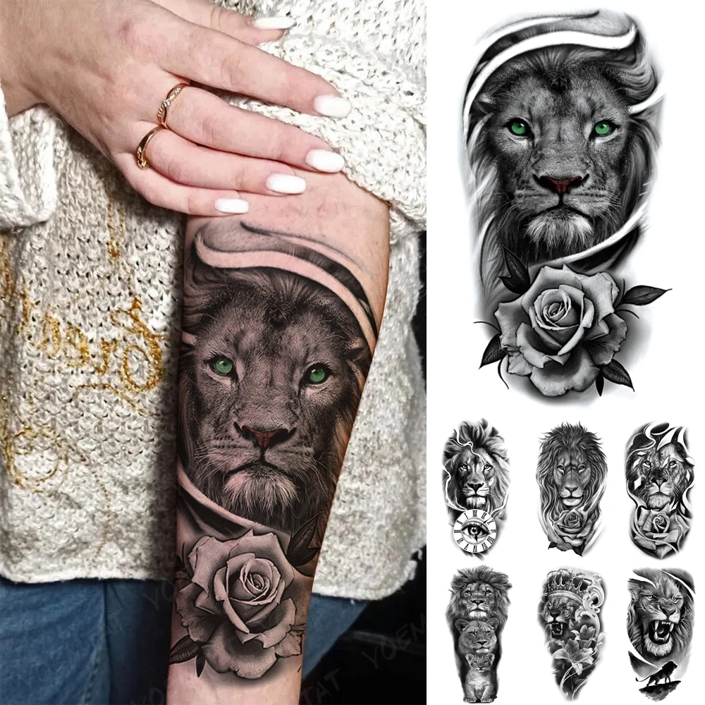 Tatouage Lion Avec Rose Femme Tatouage temporaire étanche, autocollant, fausse manche, œil de Lion, Rose,  tigre, loup, Flash, Animal, Art corporel, bras | AliExpress