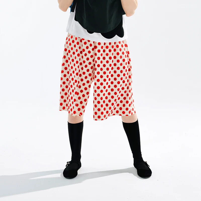 IMAKOKONI original design red wave point nickel pants elastic waist elastic casual loose straight leg shorts women's 234079