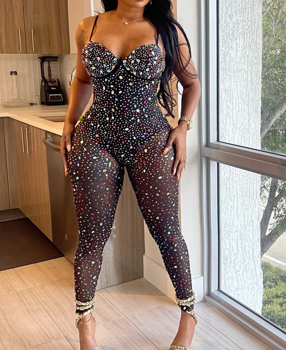 Sexy Bodycon Jumpsuit for Women‘s Clothing Fashion Mesh Hot Diamond Sleeveless One Piece Romper Pants Streetwear Overalls 2024