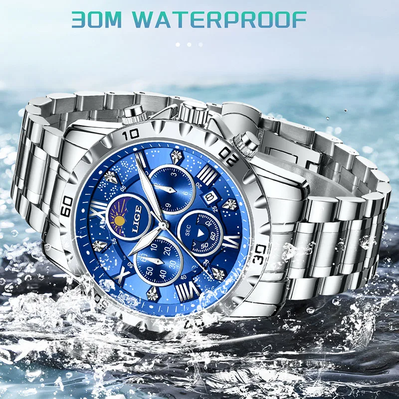 LIGE New 24 Hour Moon Phase Watch Men Fashion Sports Men Watch Waterproof Stainless Steel Luminous Quartz Wristwatches For Men