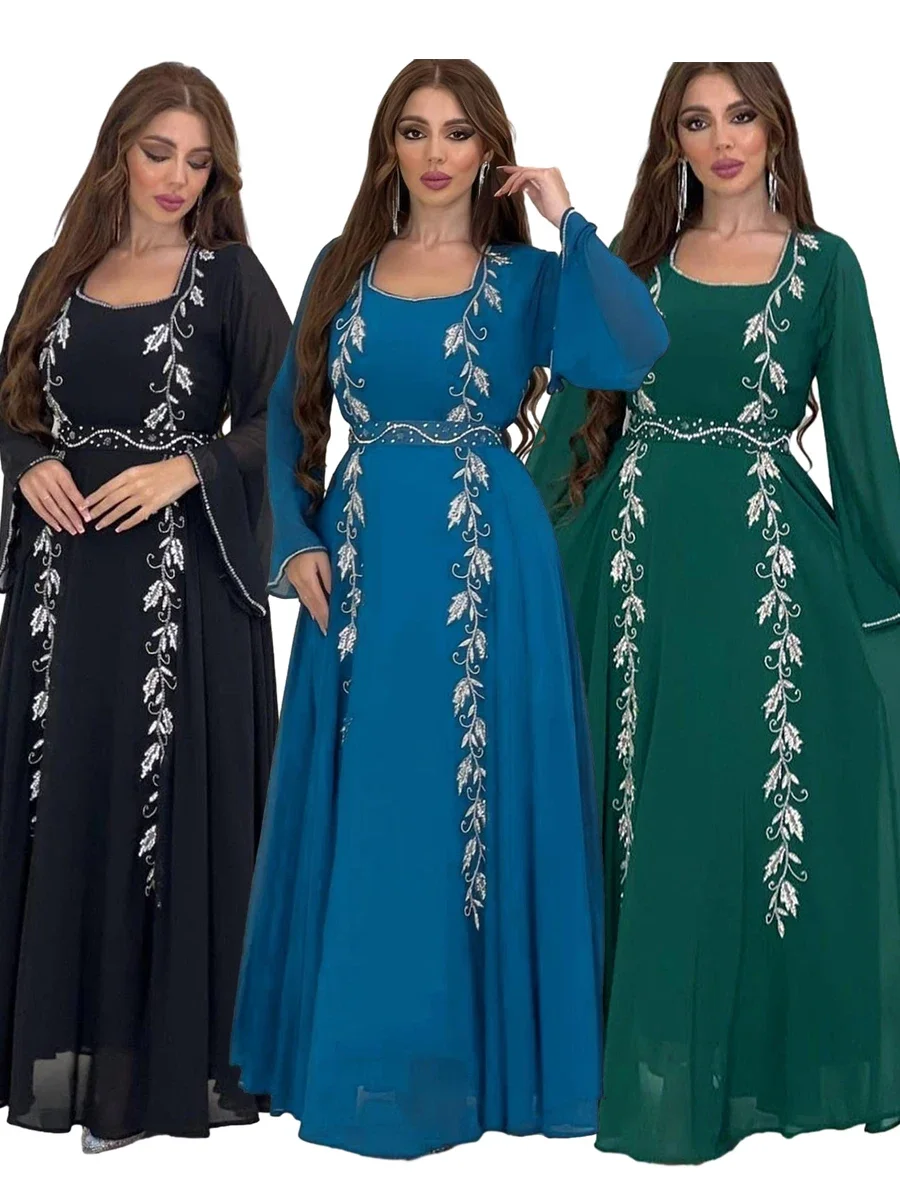 

Eid Muslim Party Dress for Women Abaya Embroidery Sequins Ramadan Lace-up Abayas Kaftan Islam Dubai Arab Modest Long Robe 2024