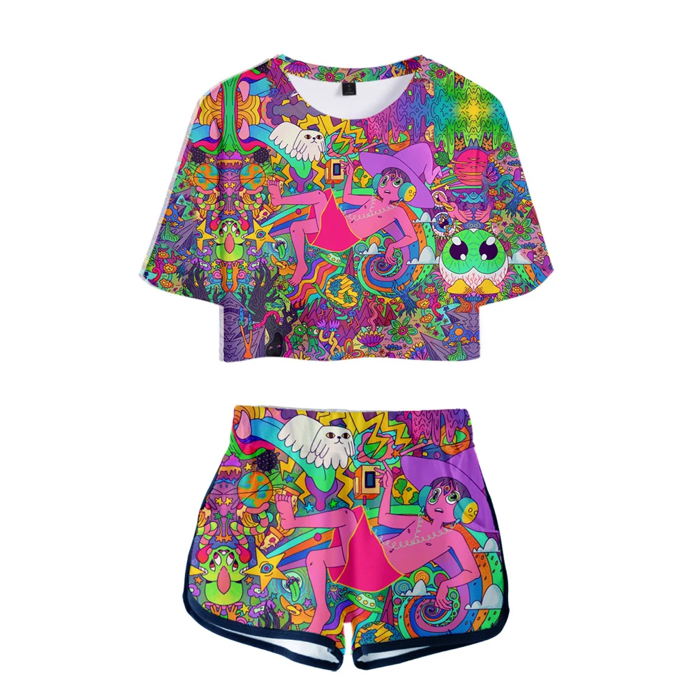 

Модный молодежный костюм из двух предметов с 3D принтом полночь, сексуальные шорты Wo + Милая футболка, милый пупок, спортивные костюмы для девочек