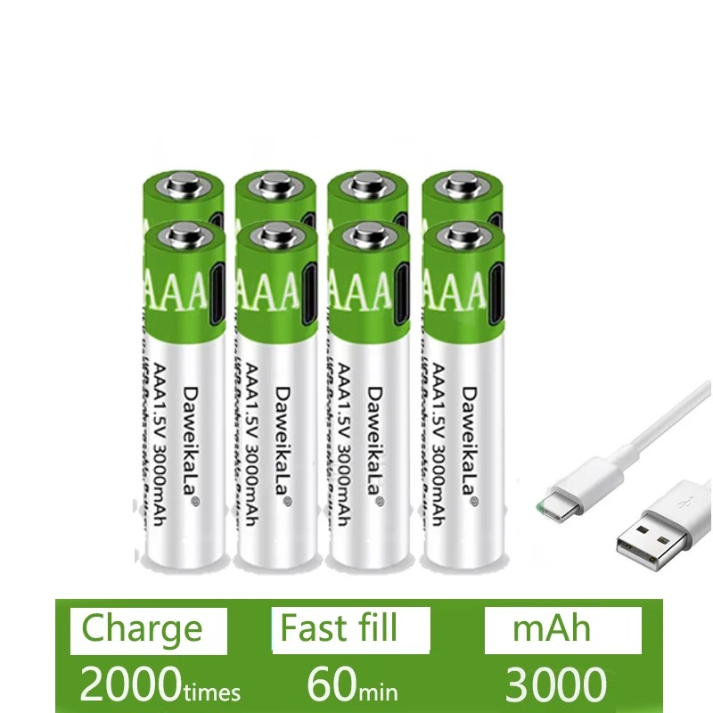 Rechargeable Lithium Batteries Battery AAA USB Batteries Rechargeable 1.5V 3000 mAh li-ion battery for remote control mouse Electric toy battery + Type-C Cable