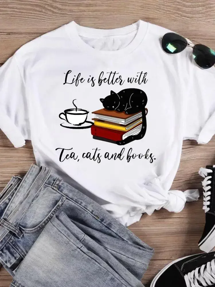 

Casual Top Tshirts Graphic Tee T-Shirt Cartoon Short Sleeve Fashion Print T Shirt Summer Women Female Cat Book Lovely Style New