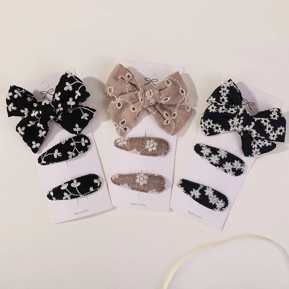 3Pcs/lot Embroidery Flower Bow HairPins Children Hair Clips Geometric Sweet Girls Hair Accessories Vintage Cotton Barrettes 3pcs lot cable knit baby headbands bow newborn elastic nylon headband baby girl turban children headwrap kids hair accessories