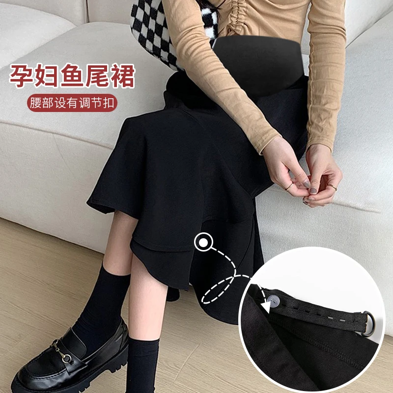 2230# Autumn Fashion Black Ruffle Maternity Skirts Elegant A Line Slim Belly Bottoms Clothes for Pregnant Women Pregnancy