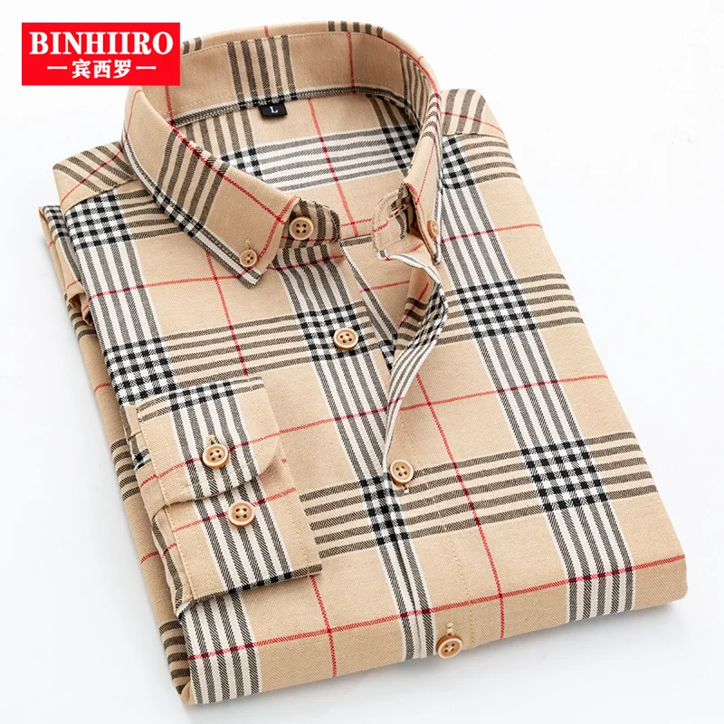 BINHIIROClassicMensBusinessShirtFashionSlimPlaidSinglePocket