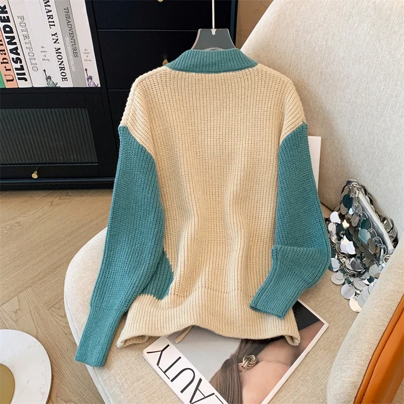 Autumn Fashion New Long-sleeved Women's V-neck Splicing Sweater Knitted Loose Women's Lace-up Office Pullovers Shirt