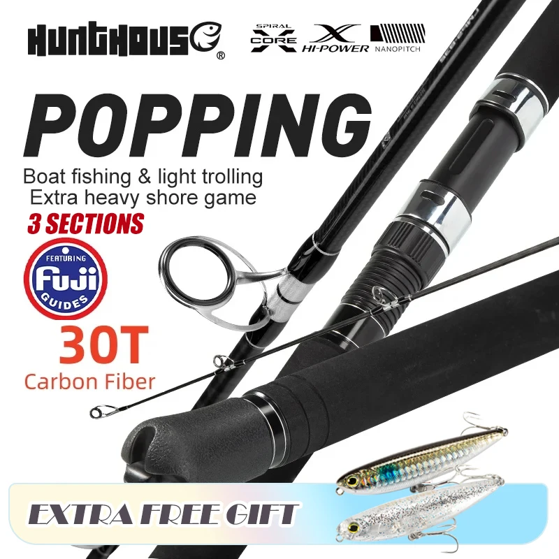 헌트하우스 터핑 낚싯대, 3 섹션 최대 루어, Wt 200g, 30T 탄소 섬유 스피닝 로드, 후지 가이드 링, 보트 오션 로드, 2.5m 