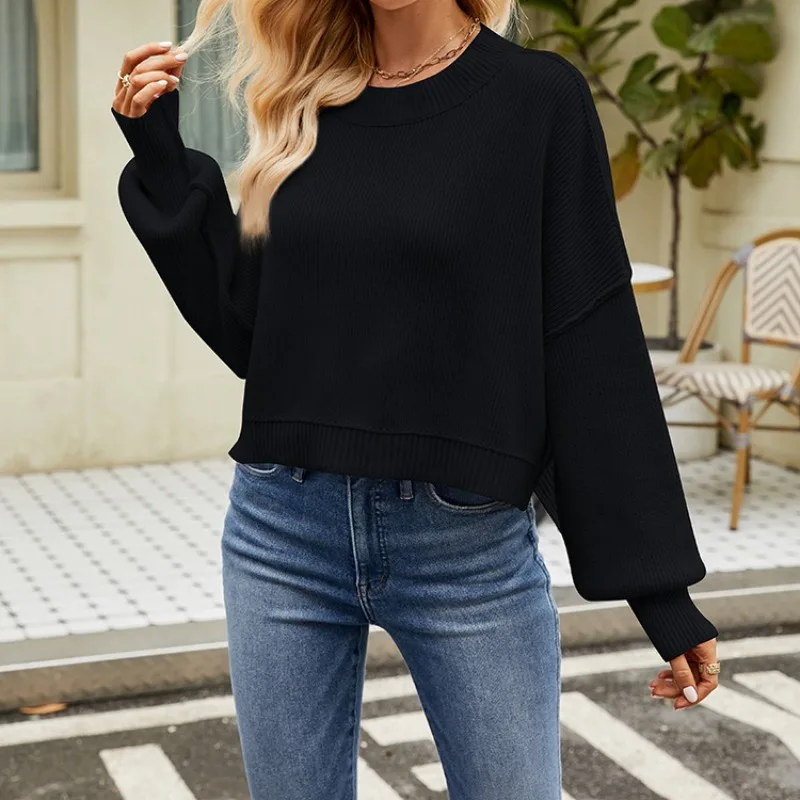 

Autumn and Winter Women's Pullover Round Neck Stripe Contrast Screw Thread Long Sleeved Sweater Knitted Underlay Casual Tops