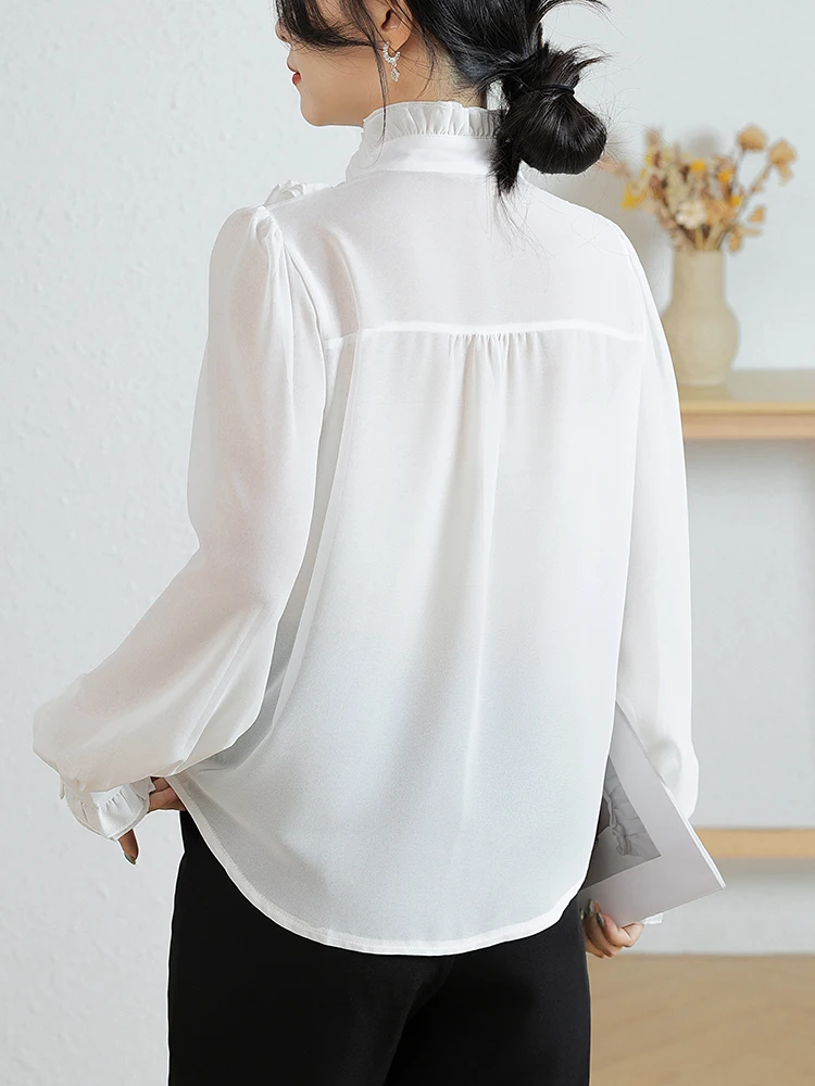 QOERLIN French 2023 Spring New Elegant Lady Stand Collar Ruffled White Shirt Ruffles Lace Women Long Sleeve Blouse Flare Sleeve