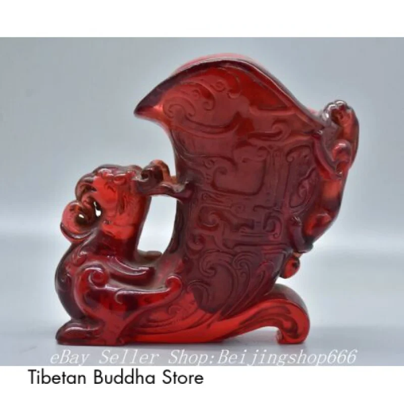 

6.4" Old Chinese Red Amber Carved Phoenix Pi Xiu Beast Cup Statue Sculpture